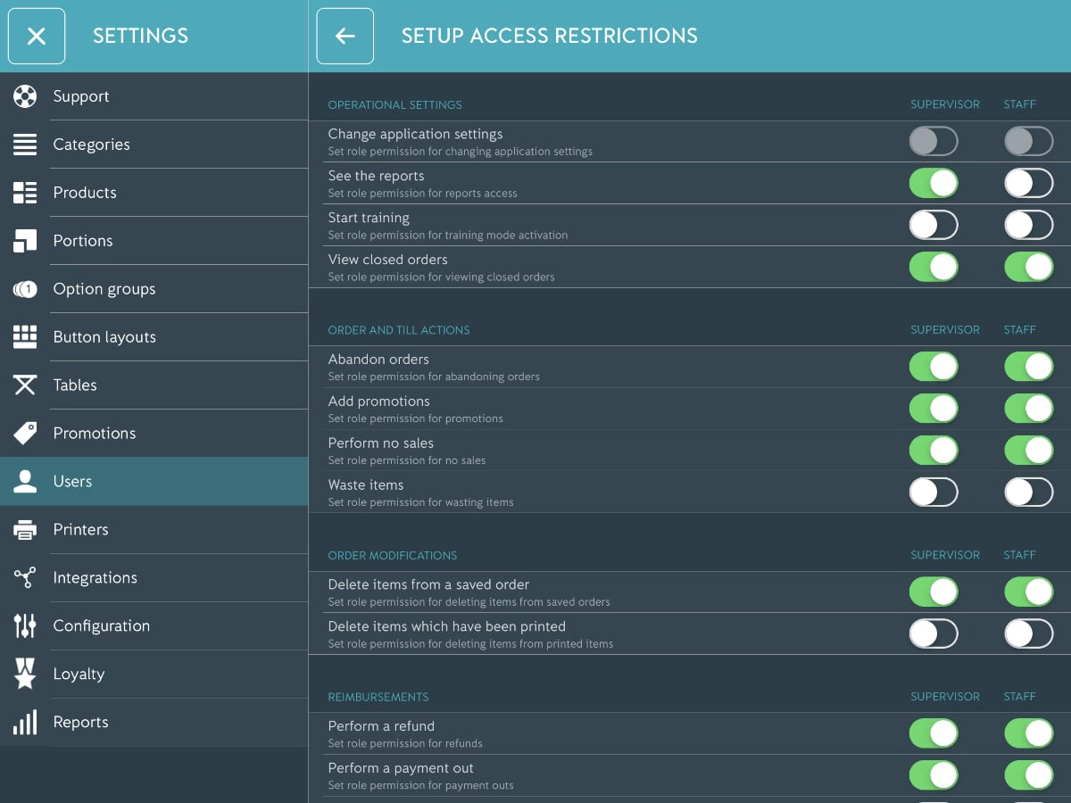 iZettle Pro user permissions settings