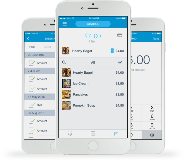 PayPal Here POS app screens on iPhones