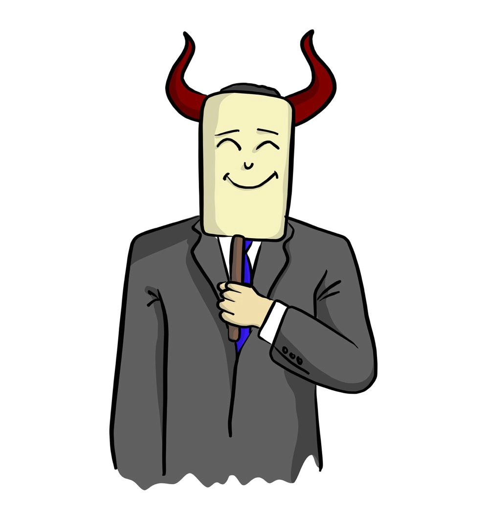 suited man holding up a smiling mask with horns