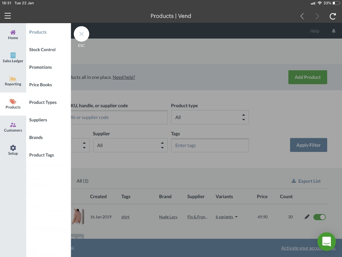 Vend’s product settings in dashboard settings in the iPad app Vend product settings