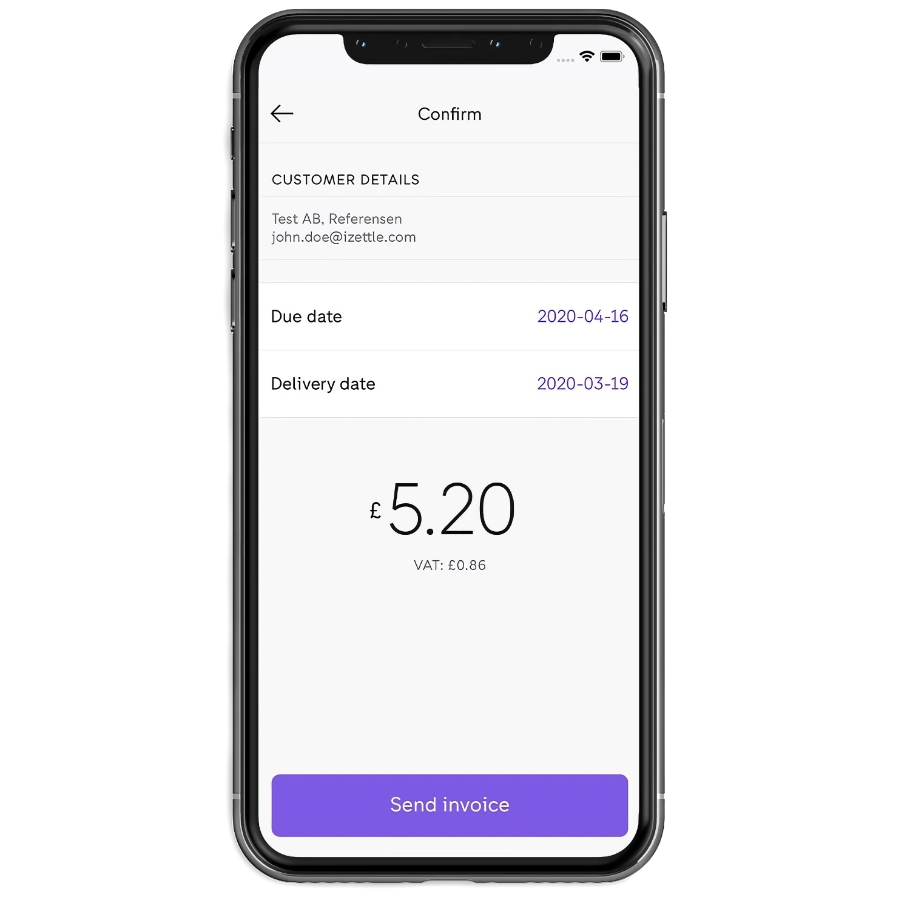 Zettle Invoice screen in Go app Zettle invoice step in app