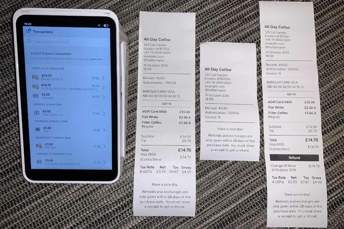 Square Terminal paper receipts