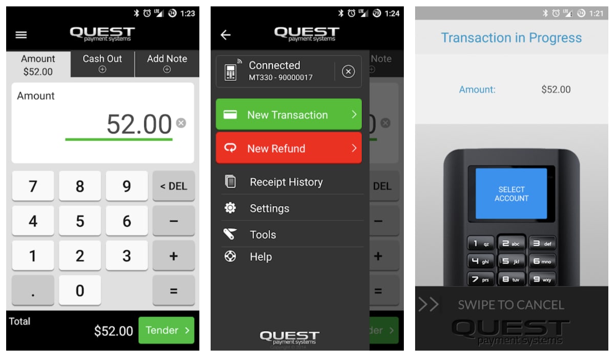 Quest mPOS with NAB app screens