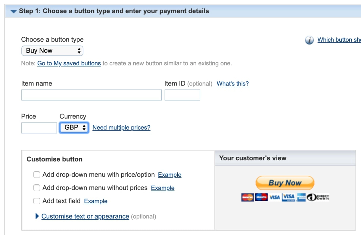 PayPal Buy Now button editor