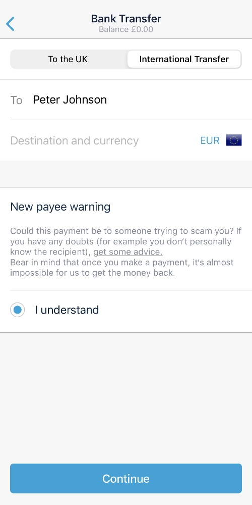 Monzo international payment in app