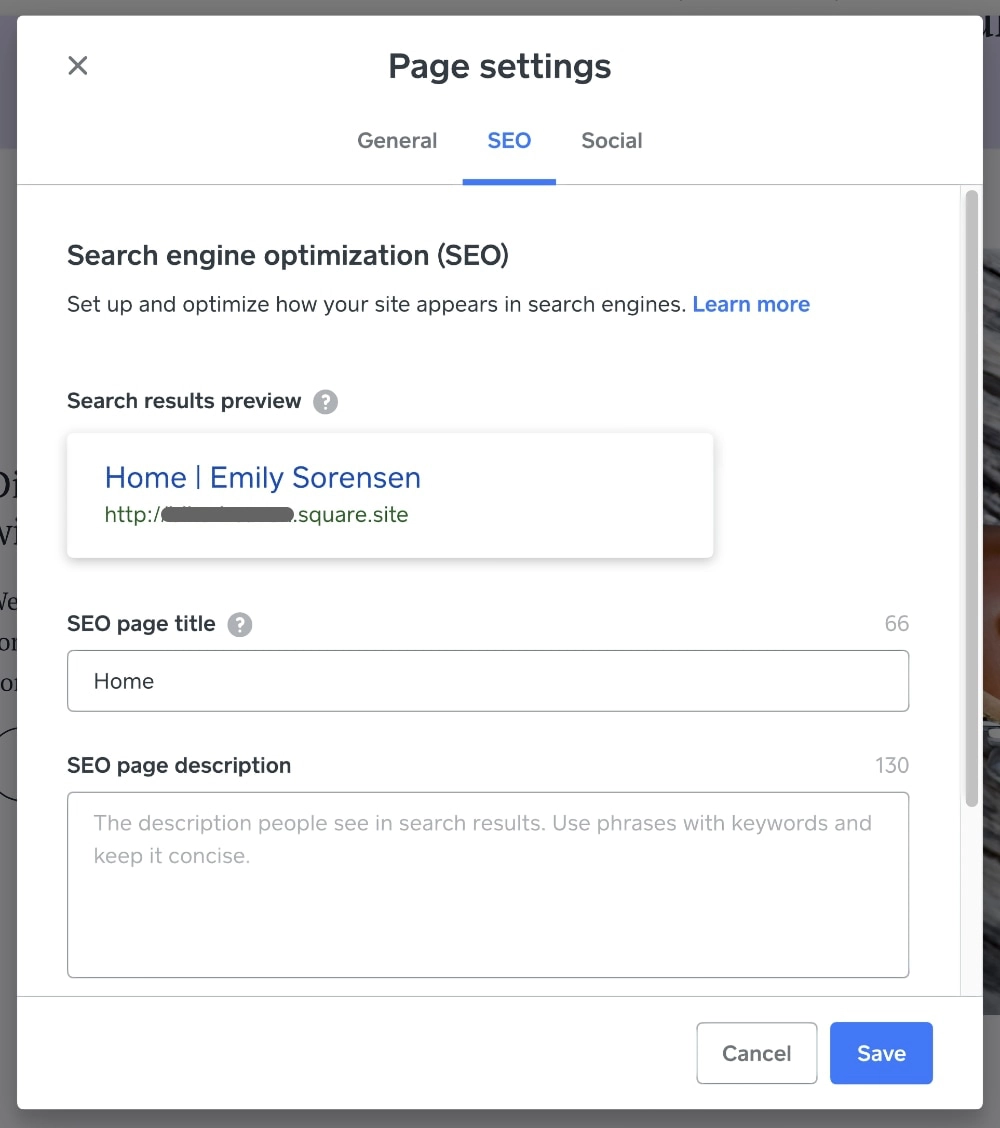Square Online Store SEO page settings