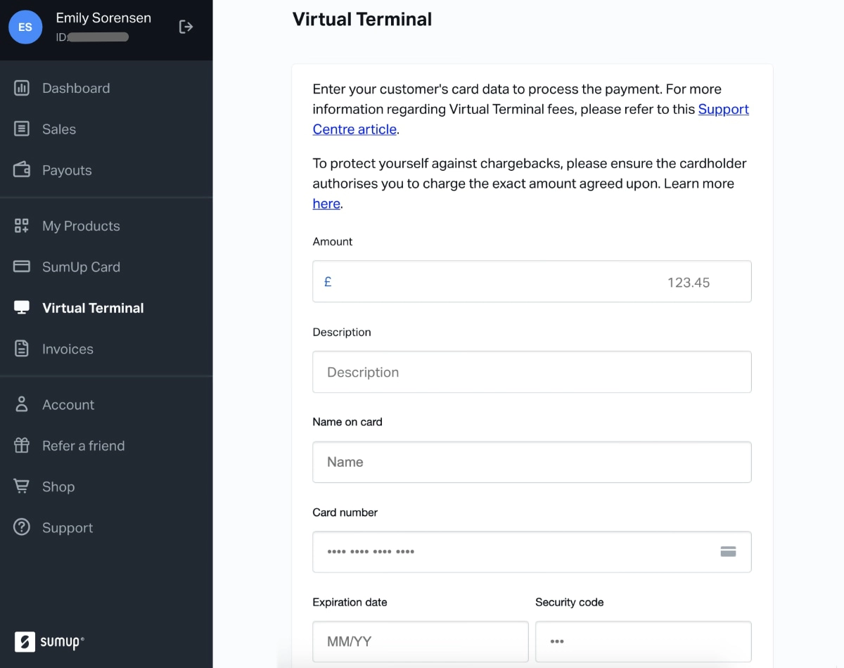 SumUp Virtual Terminal in web browser