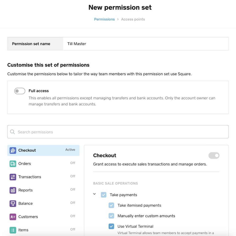 Square Team Management permissions