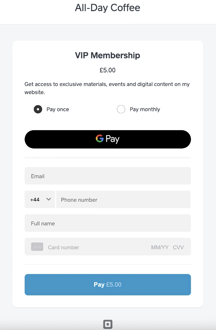 Square Online Checkout page