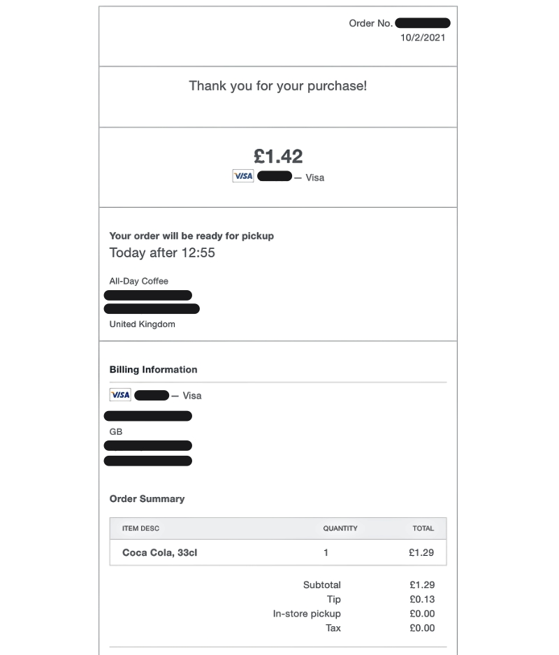 Square Online Checkout pickup receipt Square Online Checkout pickup receipt