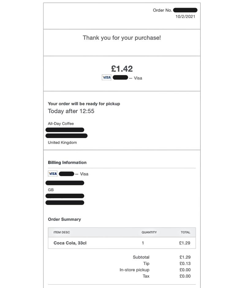 Square Online Checkout pickup receipt