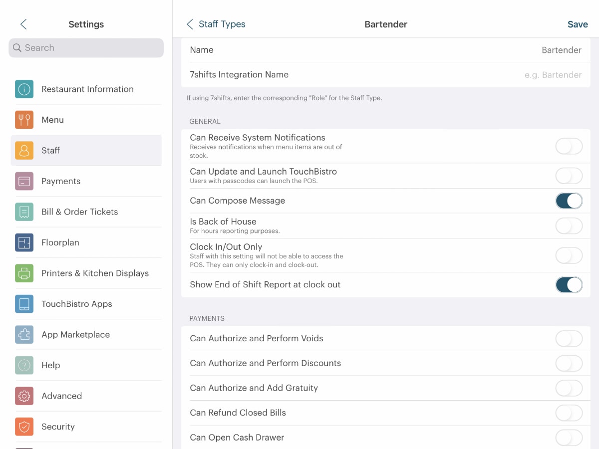TouchBistro admin menu