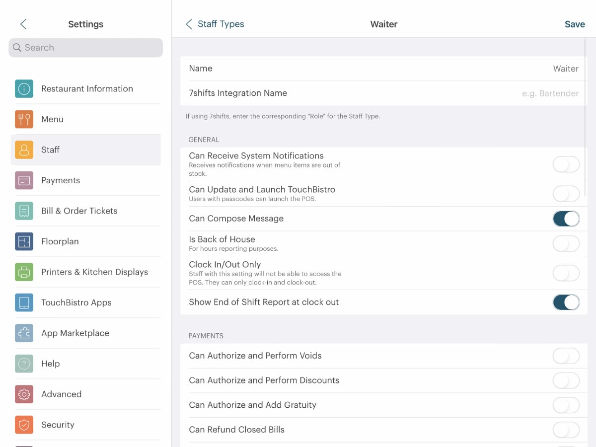 TouchBistro employee permissions