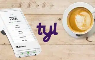 White card machine, Tyl logo and cup of coffee