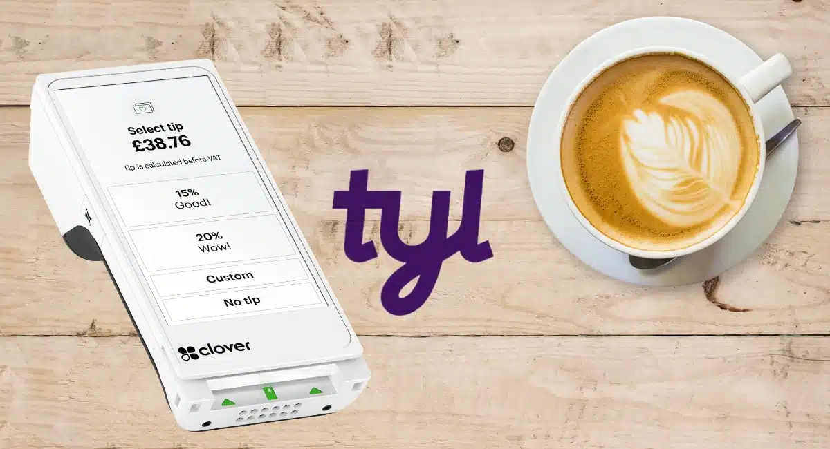 White card machine, Tyl logo and cup of coffee