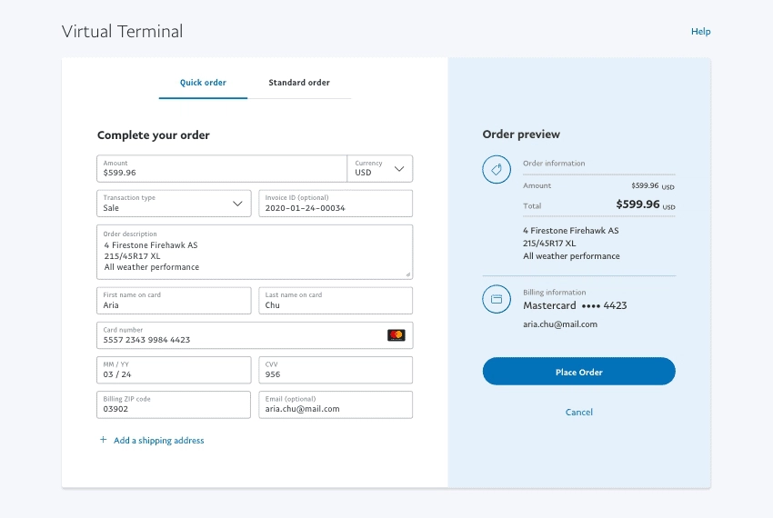PayPal Virtual Terminal page