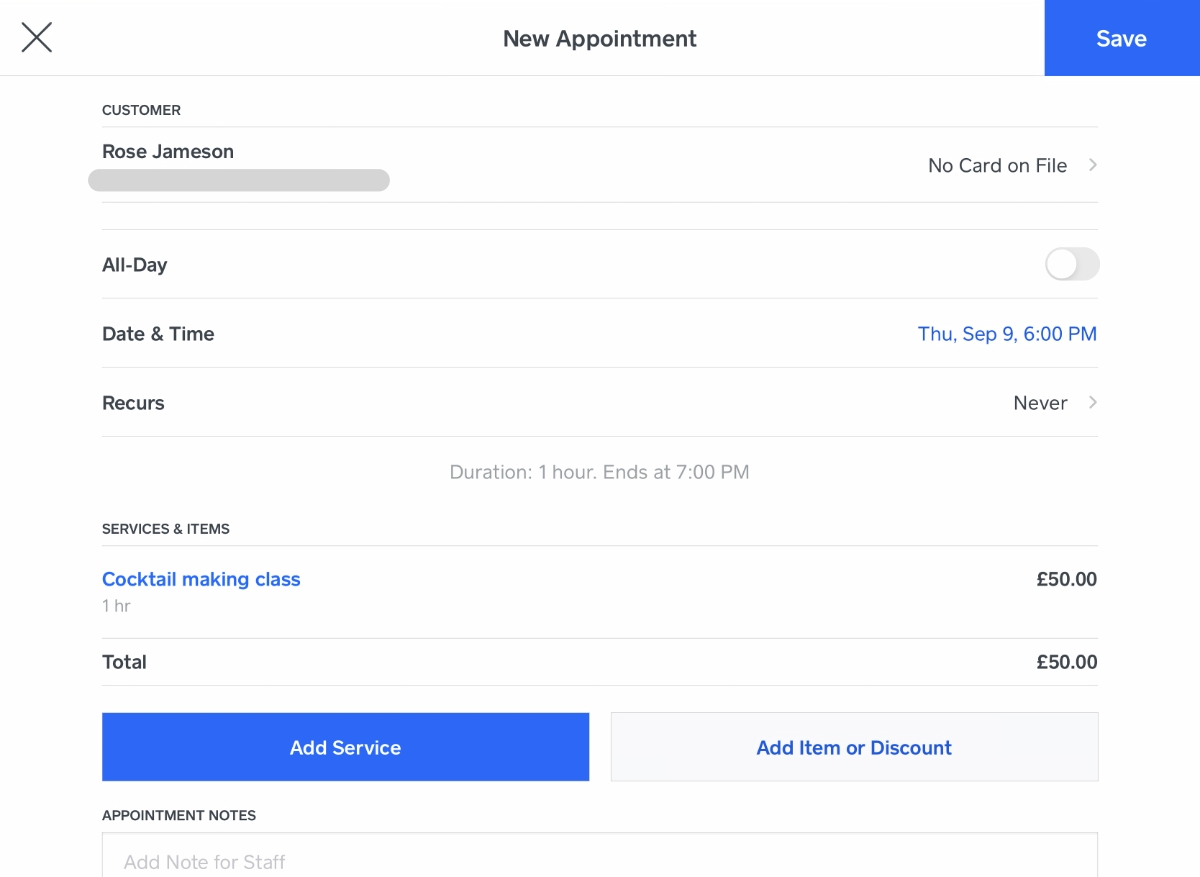 Square Appointments booking options