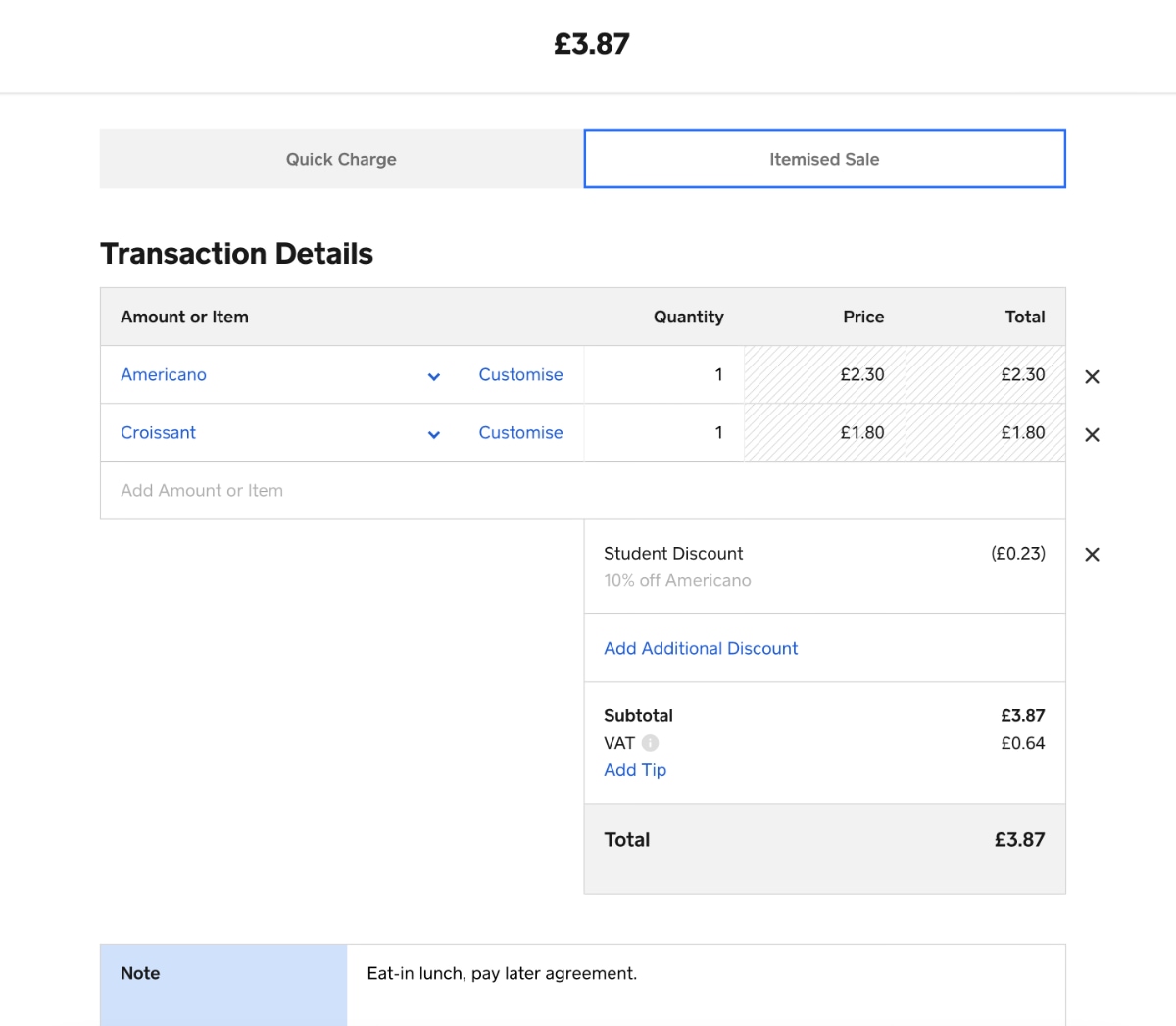 Square Virtual Terminal – Itemised Sale page