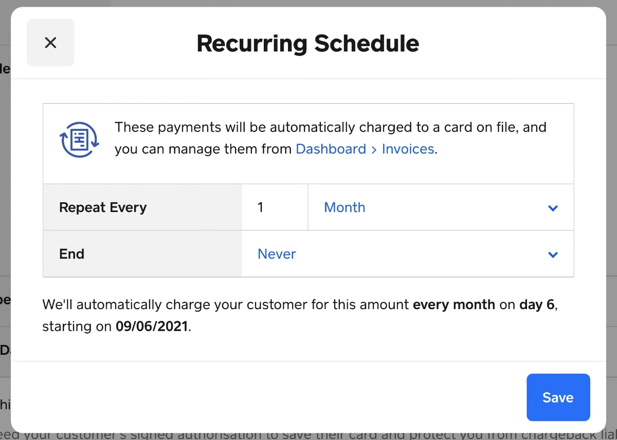 Square Virtual Terminal recurring payment schedule