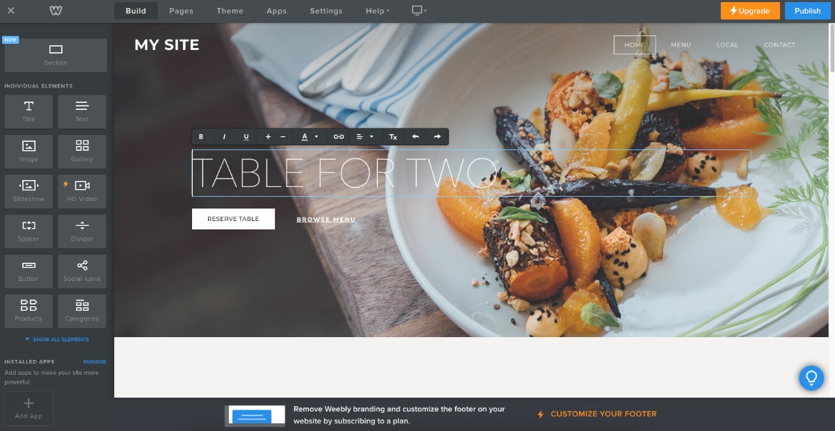 Weebly editor restaurant example