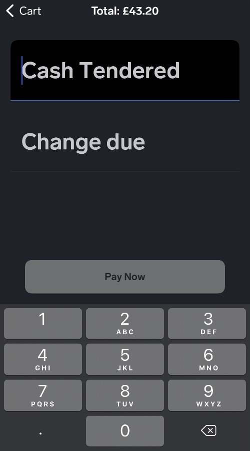 cash payment screen in Big Cartel app