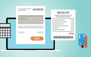 invoice, receipt, calculator, laptop and payment cards