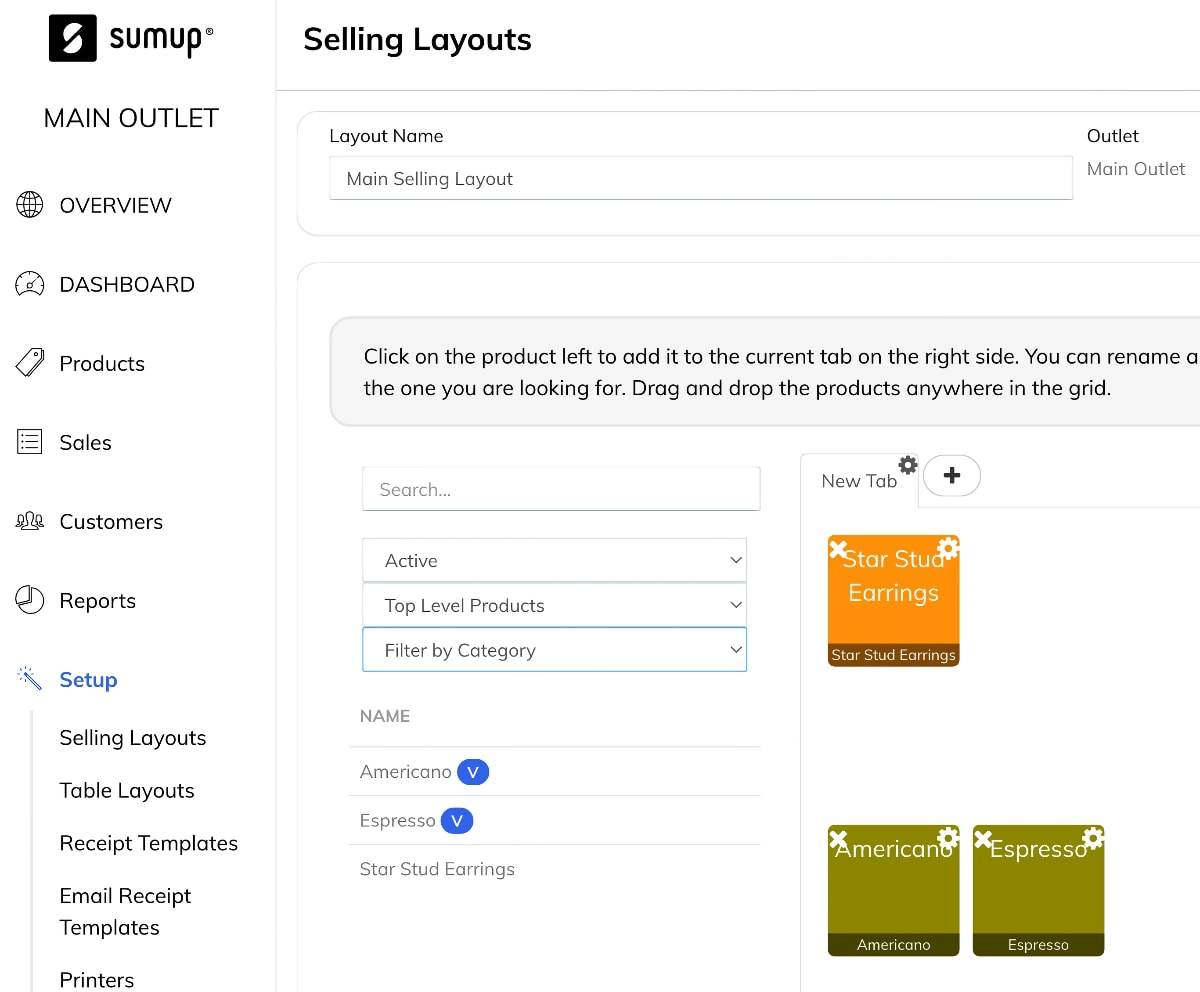 SumUp back office product layout settings