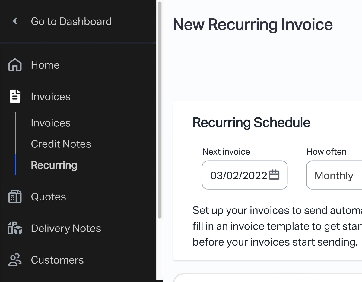 side menu in SumUp Invoices Dashboard