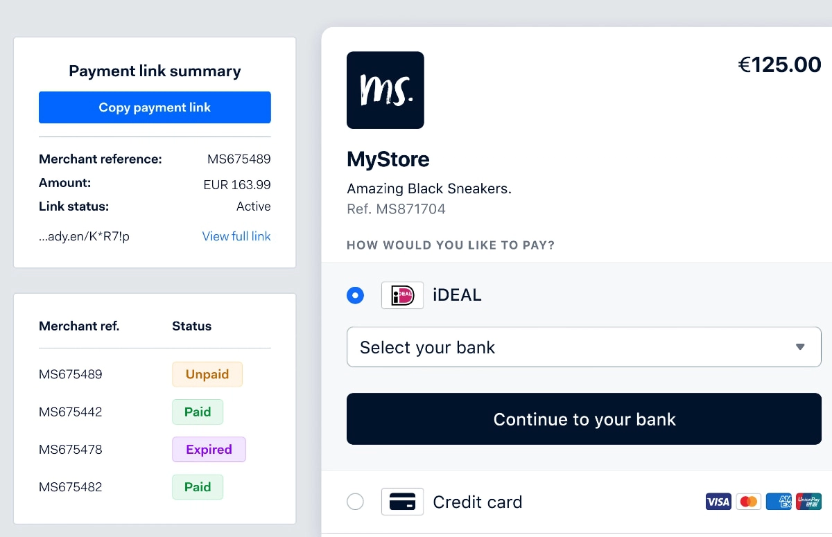 Adyen Pay by Link screens