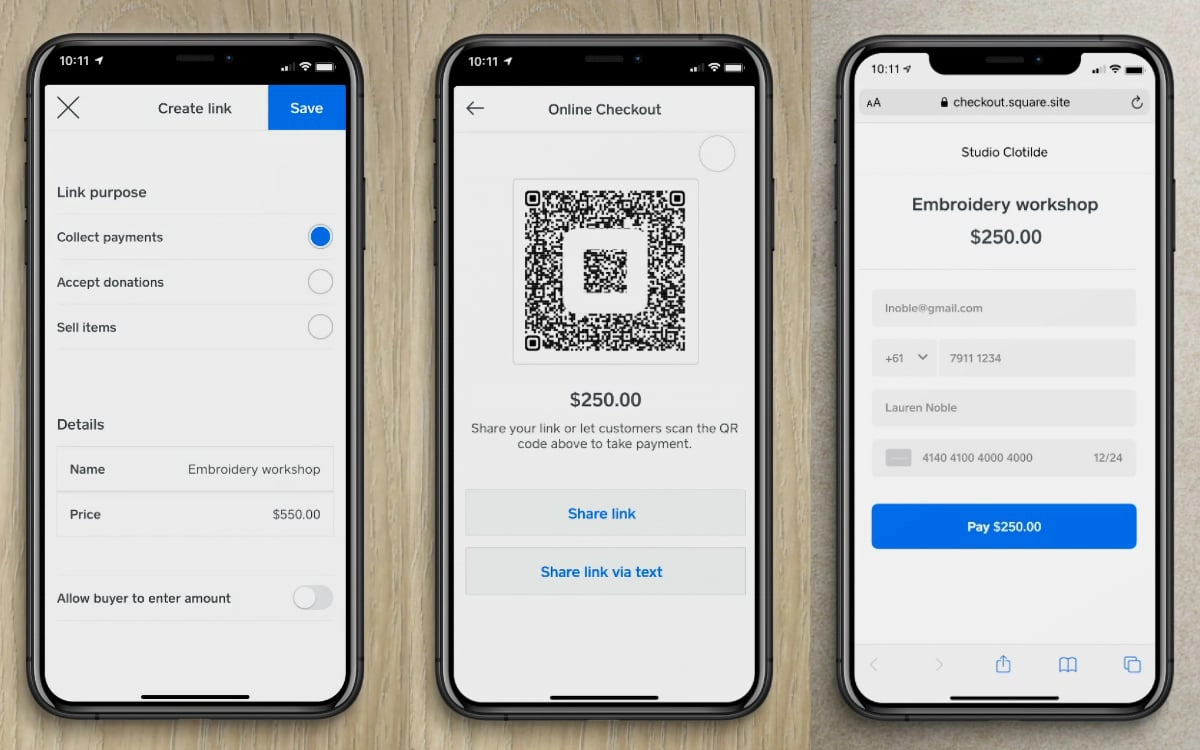 Square payment link creation screens