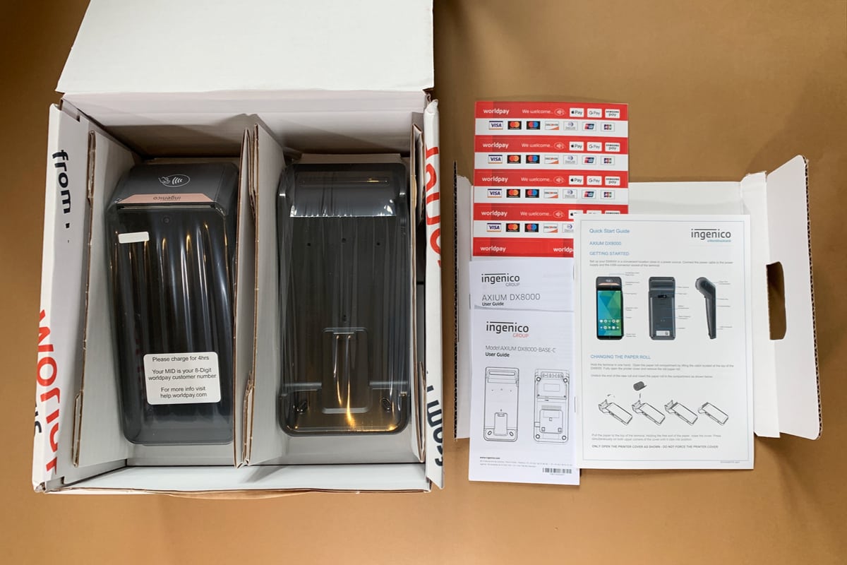 Worldpay’s Ingenico mobile terminal package Worldpay Ingenico Axium DX8000 box contents