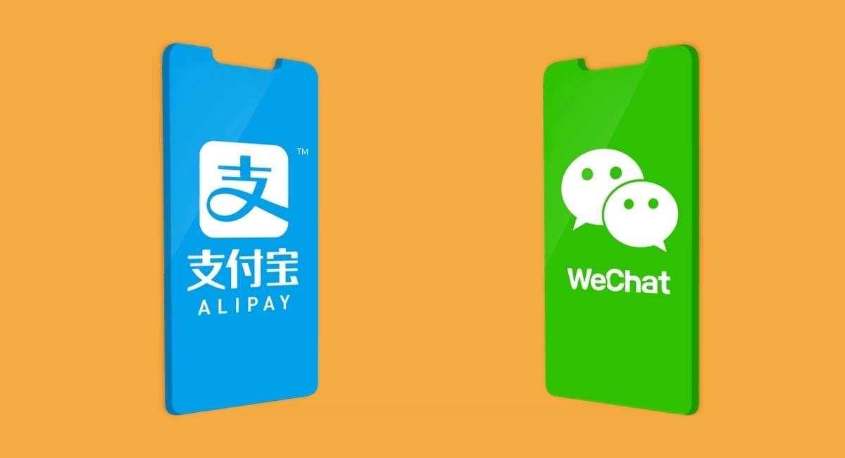 Alipay and WeChat Pay screens on orange background
