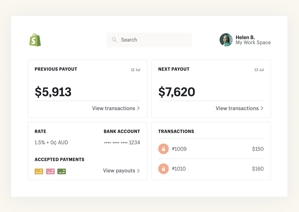 Shopify Payments dashboard with payout information Shopify Payments web dashboard