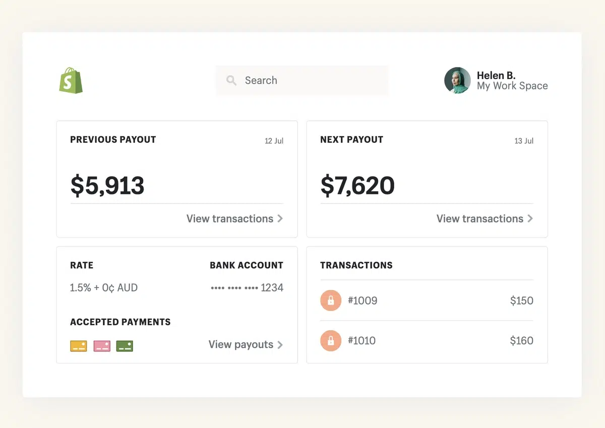 Shopify Payments web dashboard