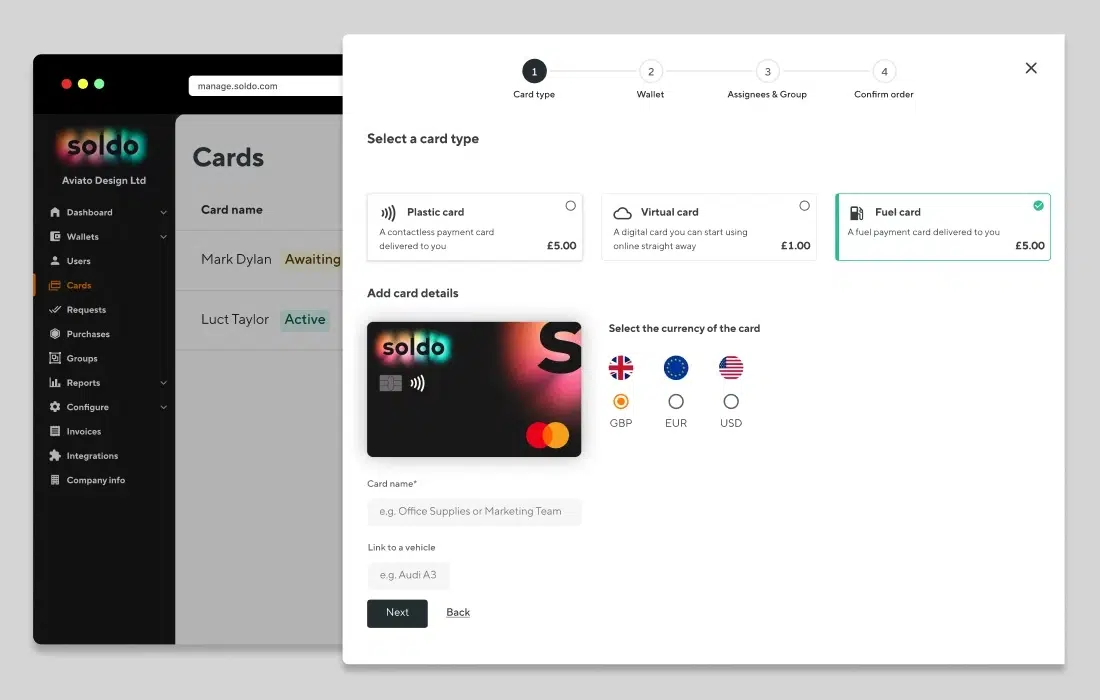 Soldo fuel card creation screen