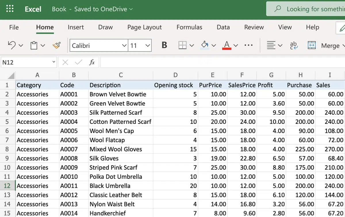 Excel product spreadsheet