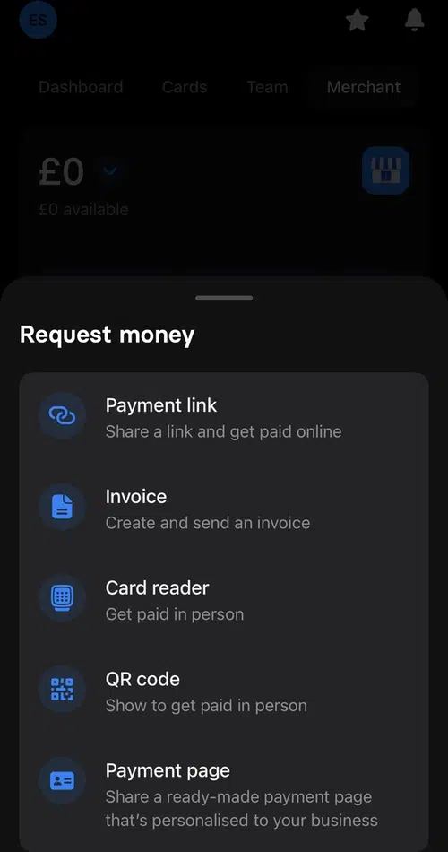 Revolut 'request money' menu in app