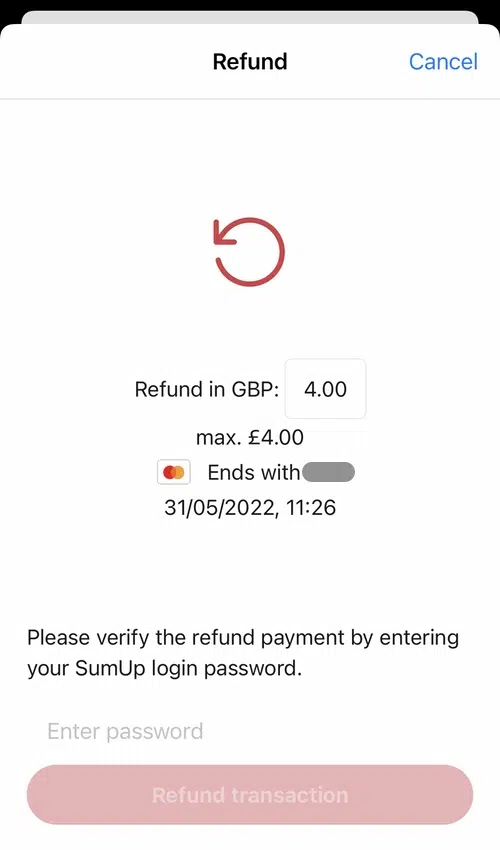 refund screen in SumUp App