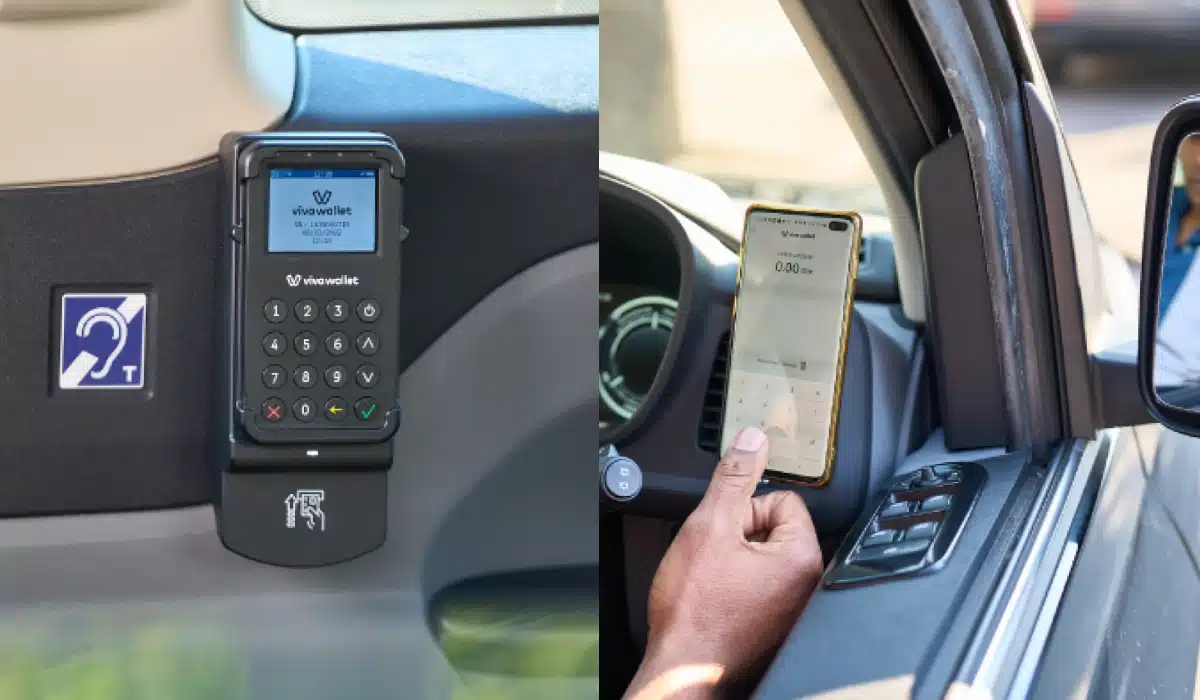 Viva Wallet card reader and app in cab