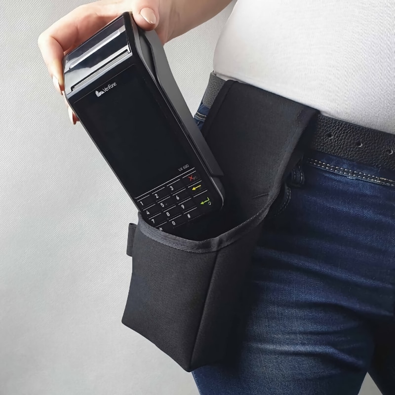 Card machine holder for sticking onto belt