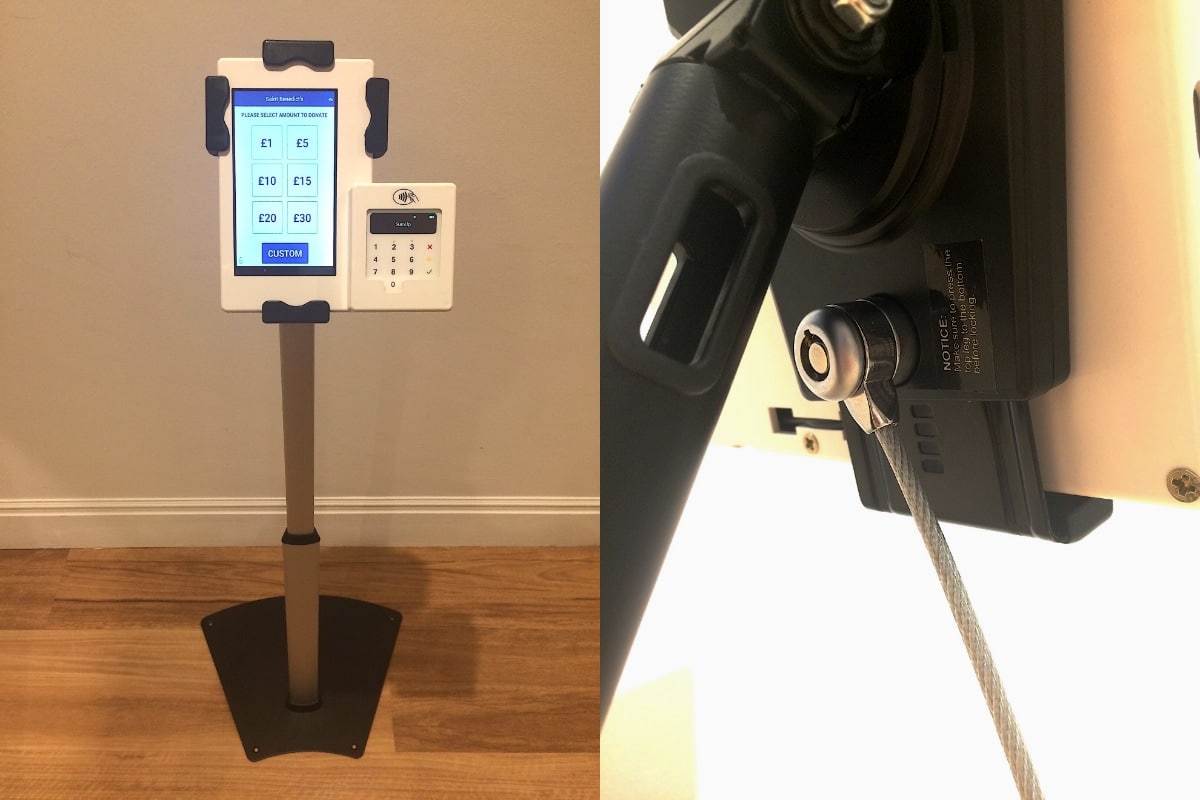 Floor stand by Dona for contactless charity donations floor stand for tablet and card reader