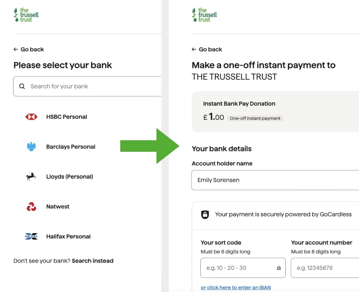 GoCardless bank payment flow screens