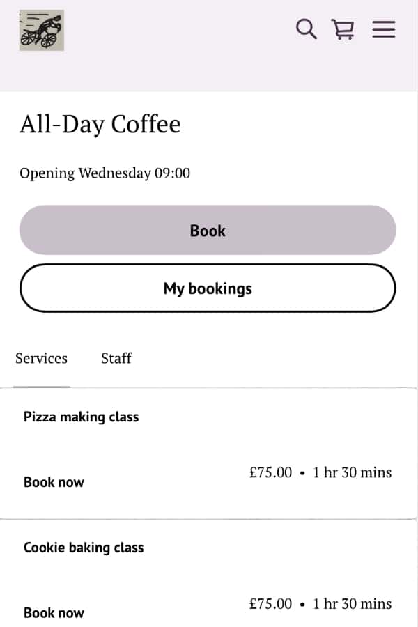 Square Online booking page on mobile
