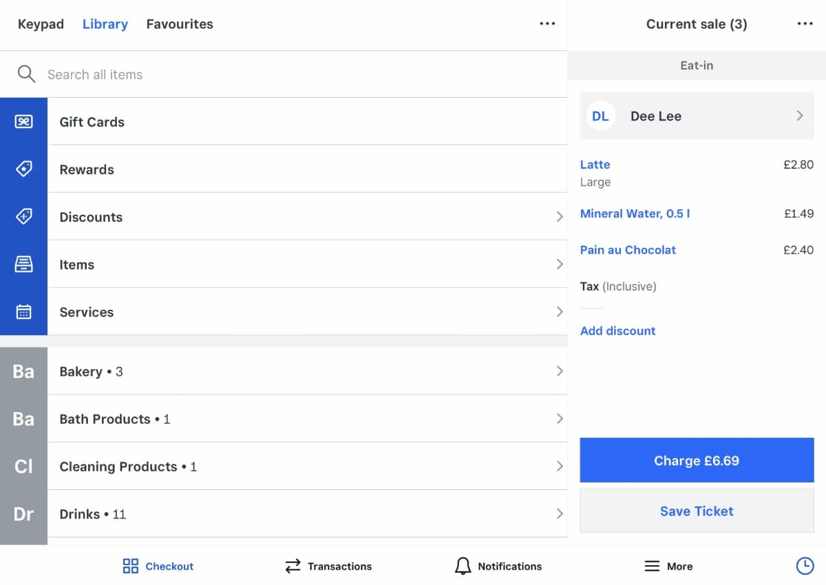 Square Point of Sale – search and list view Square Point of Sale search menu