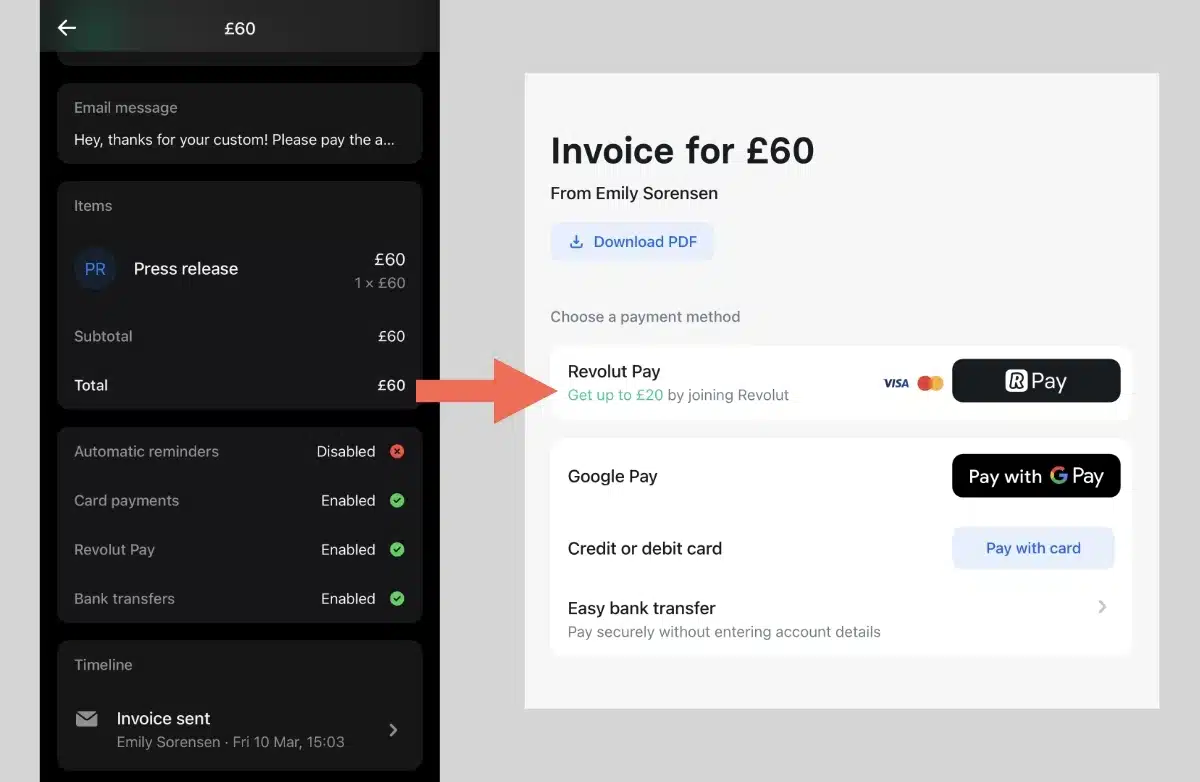 Revolut invoice app and payment screen