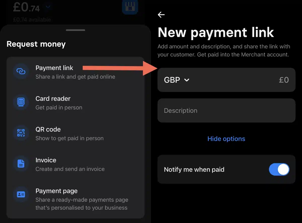 Revolut Payment link screens