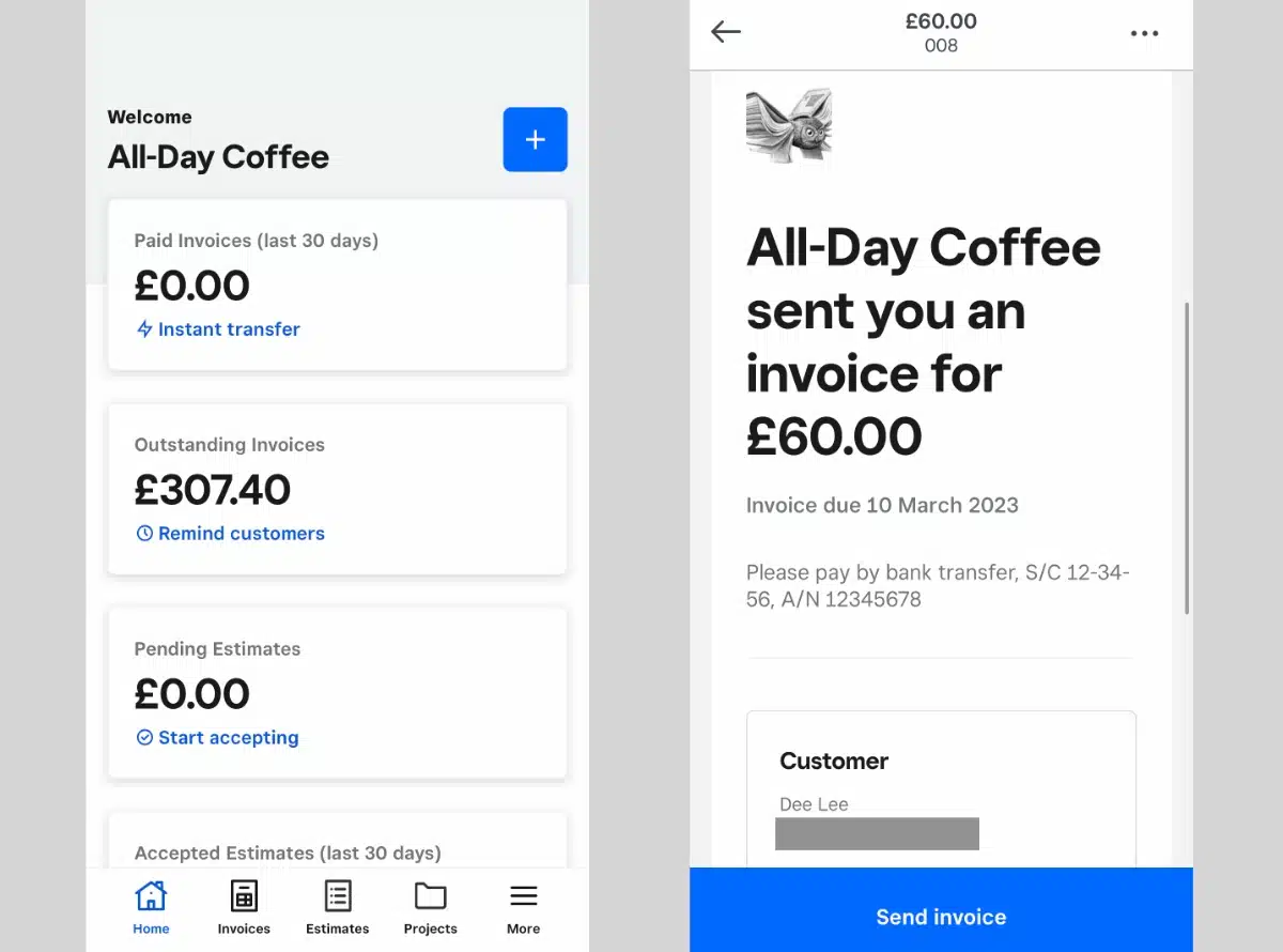 Square Invoices app menu and invoice preview