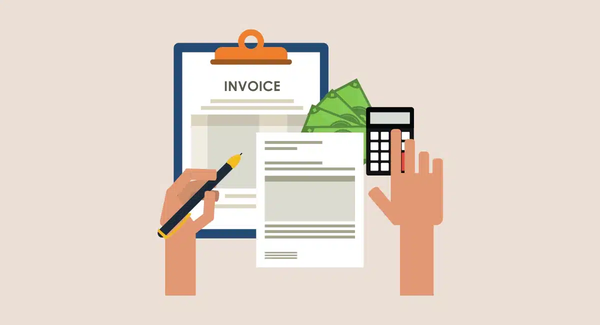 invoice and document with hands writing and tapping calculator and cash