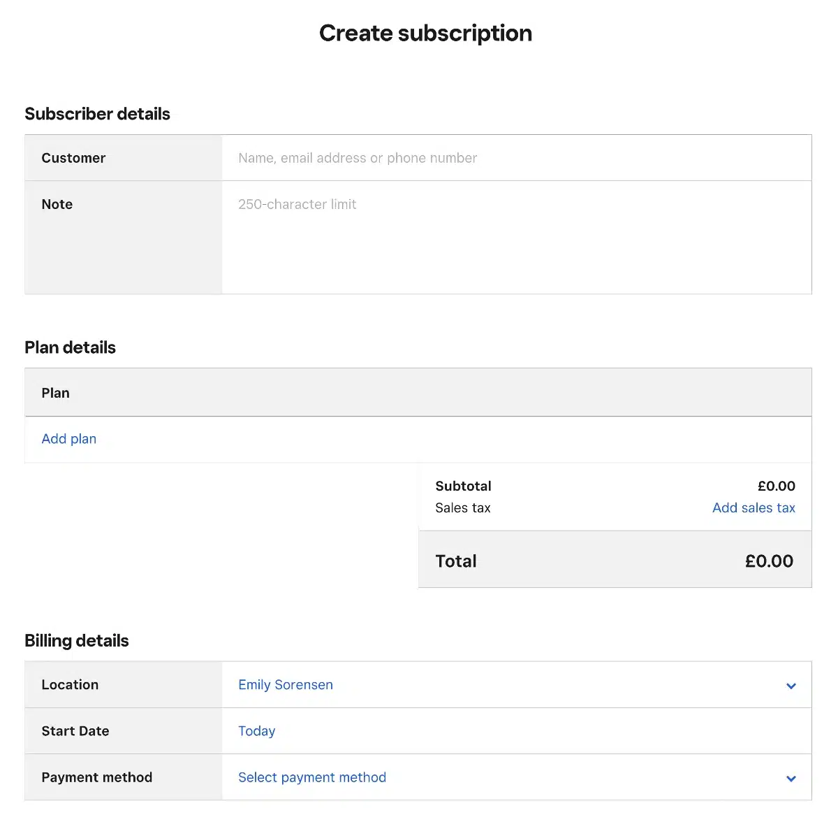subscription creation page