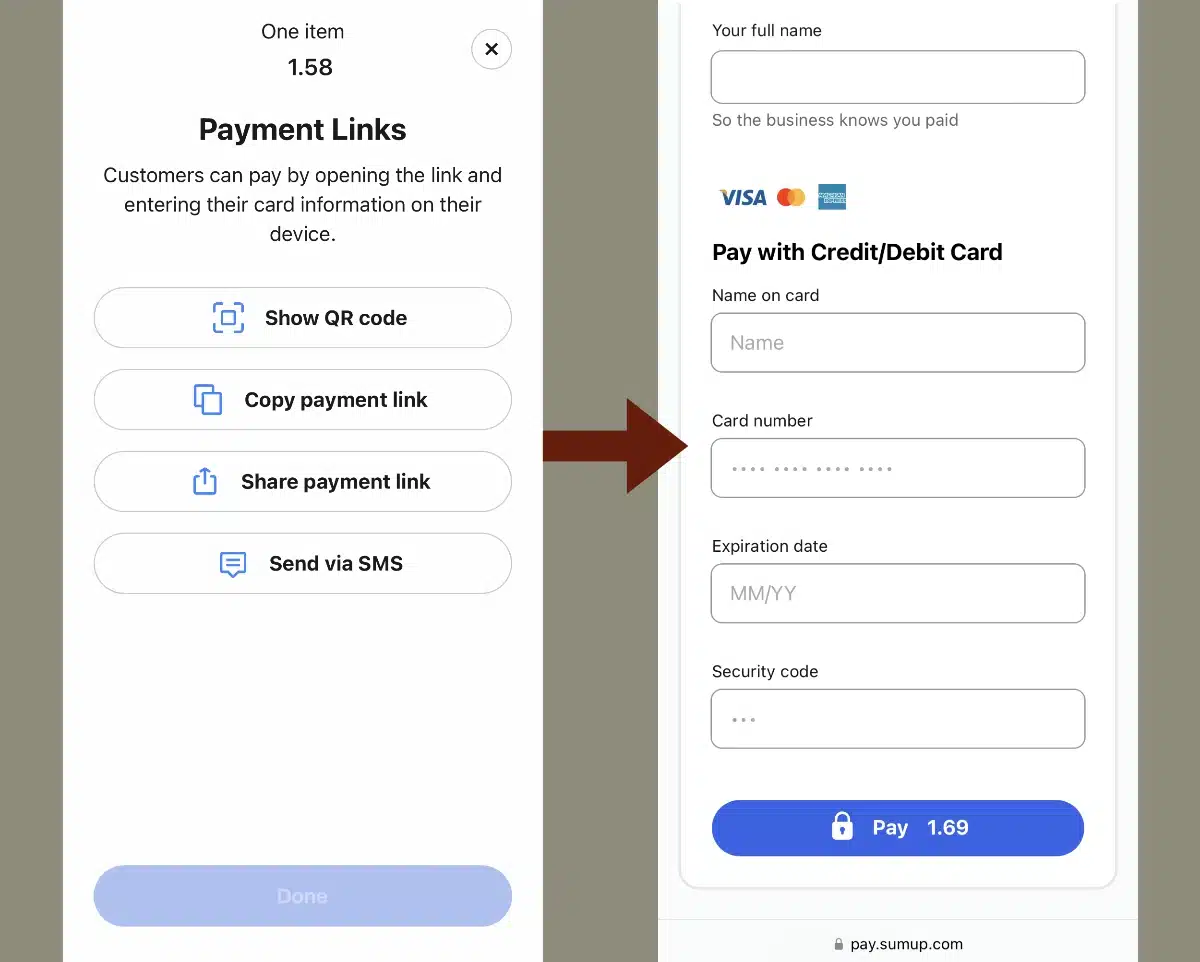 SumUp payment link creation screen and the payment page associated with the link